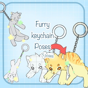 May include: An illustration of three furry keychain poses. The image features a light blue background with the words "Furry keychain Poses" and "3 poses". The keychains are in the shape of cartoon animals, with a yellow and orange cat-like creature.
