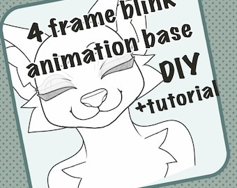 May include: A black and white line art illustration of an anthropomorphic animal head with closed eyes, set against a light green background with a dark green polka dot pattern. The text reads 4 frame blink animation base DIY +tutorial.