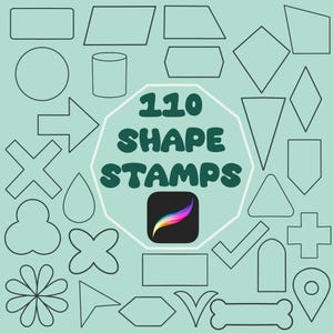 May include: A collection of 110 shape stamps featuring various geometric outlines, such as rectangles, circles, and arrows. The text "110 SHAPE STAMPS" is in green, with a colourful app icon. The shapes are black on a light teal background.