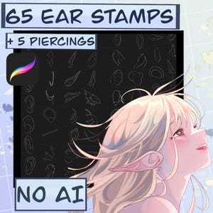 May include: A digital illustration of a female character with long blonde hair and elf ears. The character is looking up with a smile. The background is a black and white grid with 65 ear shapes and 5 piercing designs. The text "65 EAR STAMPS + 5 PIERCINGS NO AI" is visible in the image.