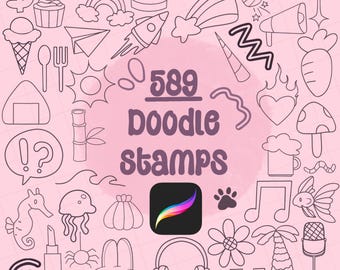 589 hand drawn doodle stamps for procreate! Stars, hearts, food, flowers, nature doodles