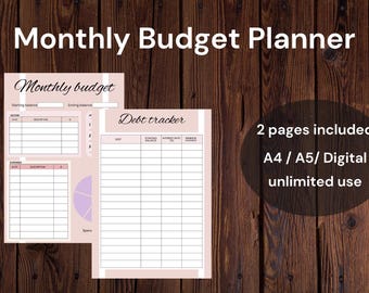 May include: A Monthly Budget Planner template featuring two pages with light pink accents. One page includes a Monthly budget section with income and expense tables, while the other is a Debt tracker. Text includes 2 pages included A4 / A5/ Digital unlimited use.