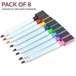 May include: A pack of 8 magnetic drywipe markers with white barrels and coloured caps and tips in black, red, orange, green, blue, dark blue, purple, and pink. Each marker features a rectangular black magnetic eraser attached to the cap.