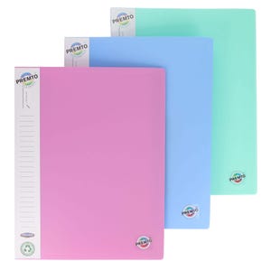 May include: Three plastic file folders in pink, light blue, and light green. Each folder has a clear plastic pocket on the front with the word "PREMTO" printed in a colourful circle.