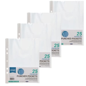 May include: A collection of clear, plastic punched pockets for storing photos. Each pocket has a reinforced spine with holes for a binder. The label on each pack reads "25 Premium Punched Pockets". The brand name "concept" is also visible.