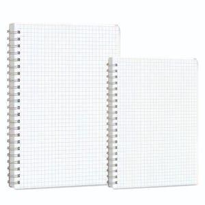 May include: Two spiral-bound notebooks of different sizes, both featuring a white cover with a light grey grid pattern. Each notebook is held together by a silver metal wire coil along the left side, allowing the pages to lay flat when opened.
