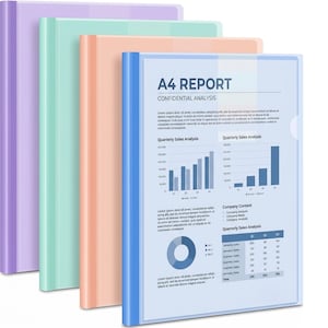 May include: A set of four A4 report folders in pastel purple, mint green, peach, and blue. The front-most blue folder contains a document titled A4 REPORT CONFIDENTIAL ANALYSIS, featuring bar charts, a pie chart, and a table of quarterly sales data.