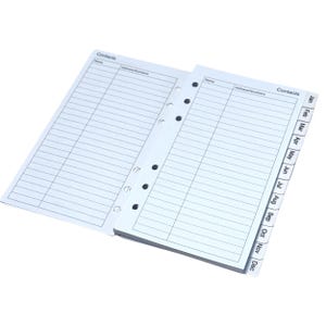 May include: Open white contact book with lined pages and the word "Contacts" printed at the top. The book has monthly tabs labeled Jan through Dec. The pages are perforated for easy removal.
