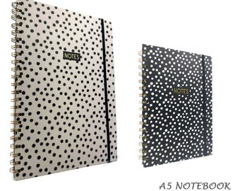 A5 / A4 Notebook Hardback Spiral Polka Dots Cover Lined Pages Reporters Notepad Black or Off white Colour Writing Journal Diary Notes Jotter