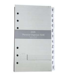 May include: A light gray 2026 personal organizer refill with monthly tabs. The refill features a calendar and is designed with week-on-two-pages layout. The tabs are labeled with the months of the year.
