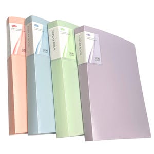 May include: Four pastel-coloured display books are arranged in a row. The colours are peach, light blue, light green, and lavender. Each book has a white label that reads "DISPLAY BOOK" and "SIZE A4". The books are leaning slightly to the right.