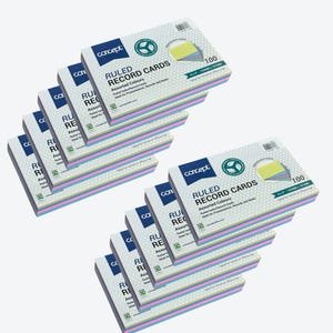 May include: Several stacks of ruled record cards in assorted colours. Each pack contains 100 cards and is labelled "Concept." The cards are ideal for presentations, records, and notes. The dimensions are 101 x 152 mm.