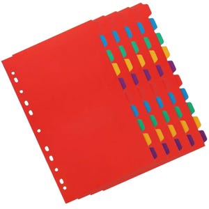 May include: A stack of red file dividers with coloured tabs. The tabs are blue, green, yellow, and purple. The dividers have pre-punched holes along the left edge for binder insertion.