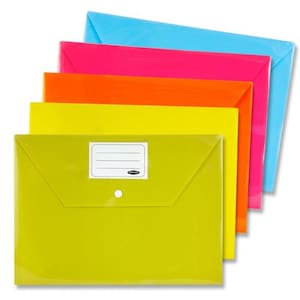May include: A collection of brightly coloured document wallets in blue, pink, orange, yellow, and green. Each wallet features a flap closure and a white label area. The wallets are made of a translucent material.