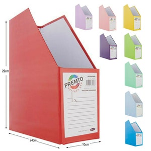May include: A red magazine organiser, 29cm high, 24cm long, and 10cm wide, with the text "PREMTO KETCHUP REG MAGAZINE ORGANISER". Additional organisers in pink, purple, yellow, green, mint, light blue, and blue are also shown.