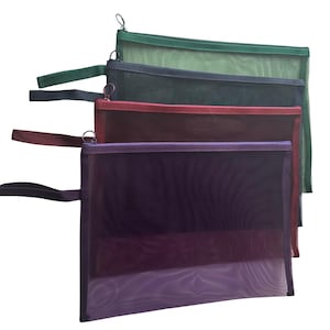 May include: Four mesh zipper pouches in shades of green, navy, burgundy, and purple. Each pouch has a matching fabric trim and a small handle. The pouches are stacked, with the purple pouch in the foreground.
