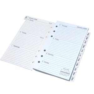 May include: Open white planner pages with the text "January 2026" visible. The planner is open to the week of January 5th, with days of the week labeled. A calendar for January 2026 is at the bottom of the right page. Tabs for the months are visible.