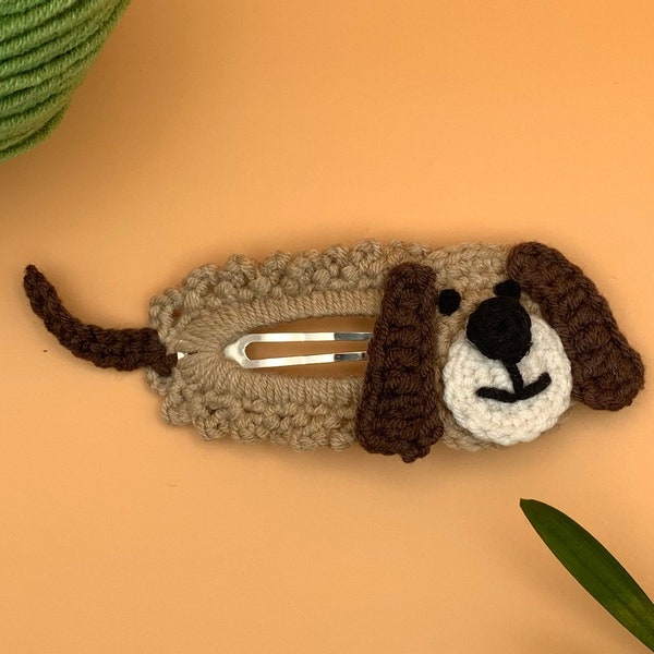 Adorable Crochet Pattern Dog Hair Accessory, Amigurumi Snap Clip for Kids, Unique Handmade Dog Lovers Gift