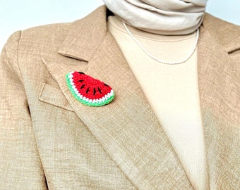 Handmade Crochet Watermelon Slice Brooch Pin, Fashion Jewelry, Wool Palestine Flag Lapel Badge, Charity Donation