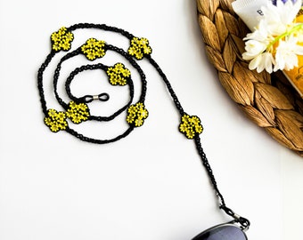 Handcrafted Beaded Eyeglass Lanyard with Floral Rosette Detail, Adjustable Secure Loop - Sunglass Strap Gift for her