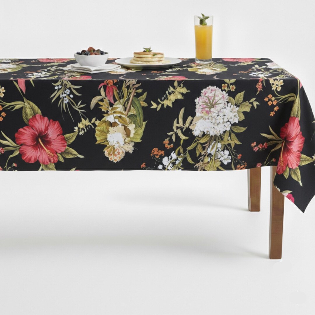 Black FESTOON Floral Digital Print - Custom Tablecloths, 100% Polyester ...