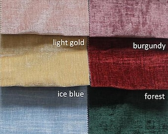 May include: A fabric swatch card with 10 different colors of fabric. The colors are: white, ivory, blush, light gold, ice blue, begonia, silver, gold, olive, mauve, burgundy, forest, navy, and black.