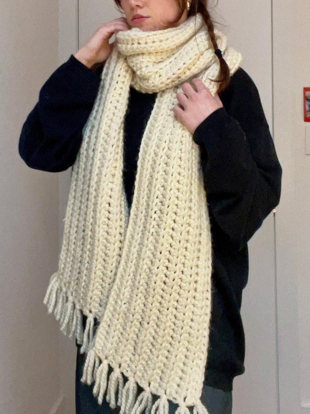 Handmade Crochet Chunky Long Wool Scarf Cream Etsy