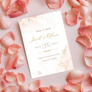 Save the date card, Champagne Pink, Floral theme, Kraft envelope, wedding invitation, personalised card, wedding announcement