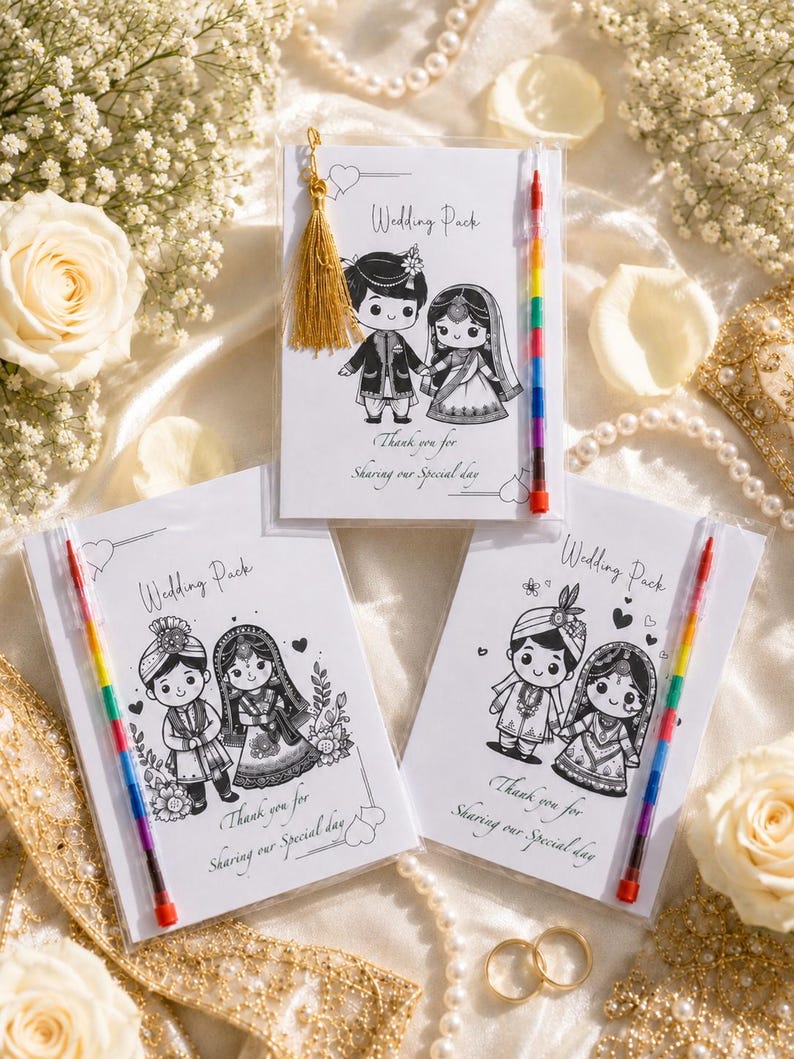 May include: Wedding pack favors with cartoon illustrations of a bride and groom, each with a rainbow crayon. The text on the pack reads "Wedding Pack" and "Thank you for Sharing our Special day."