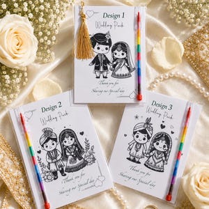 May include: Three wedding pack designs with illustrations of a couple in traditional attire. Each pack includes a rainbow-colored pencil. The text on the packs reads "Design 1, 2, 3 Wedding Pack" and "Thank you for Sharing our Special day."