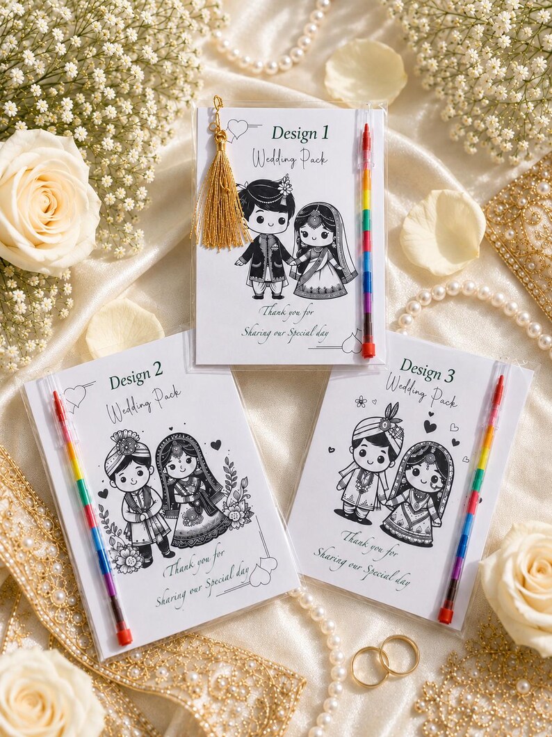 May include: Three wedding pack designs with illustrations of a couple in traditional attire. Each pack includes a rainbow-colored pencil. The text on the packs reads "Design 1, 2, 3 Wedding Pack" and "Thank you for Sharing our Special day."