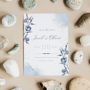 Save the date card, Blue, Calm, Floral theme, Kraft envelope, wedding invitation, personalised card, wedding announcement