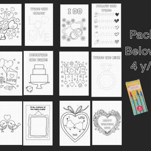 May include: A set of coloring pages with a wedding theme, featuring hearts, rings, and the words "I DO" and "LOVE". Includes a box of crayons. Text on the image says "Pack: Below 4 y/o".