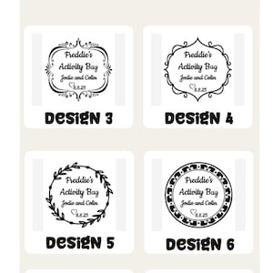 May include: A collection of eight circular designs for activity bags, each featuring a different decorative border and text. The text includes names and dates, with the words "Activity Bag" prominently displayed. The designs are in black and white.