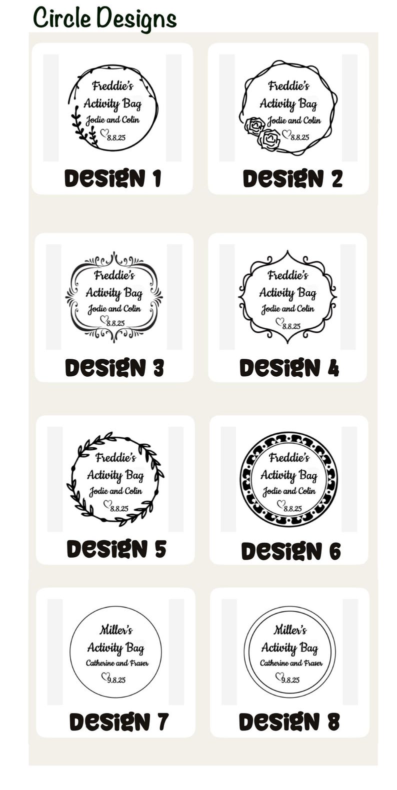May include: A collection of eight circular designs for activity bags, each featuring a different decorative border and text. The text includes names and dates, with the words "Activity Bag" prominently displayed. The designs are in black and white.