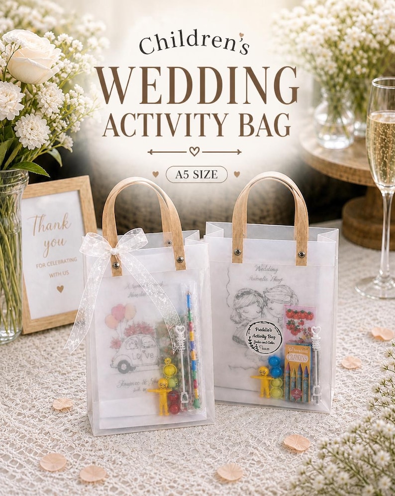 May include: Two clear wedding activity bags with wooden handles and white ribbon. Each bag contains crayons, toys, and a drawing. The bags are labeled "Children's WEDDING ACTIVITY BAG" and "A5 SIZE".