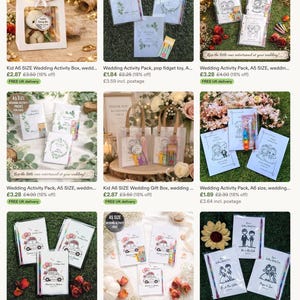 May include: Assortment of wedding activity packs and gift boxes. The packs include coloring pages, pencils, and small toys. Some packs feature illustrations of couples and wedding cars. The text "Keep the little ones entertained at your wedding!" is visible.