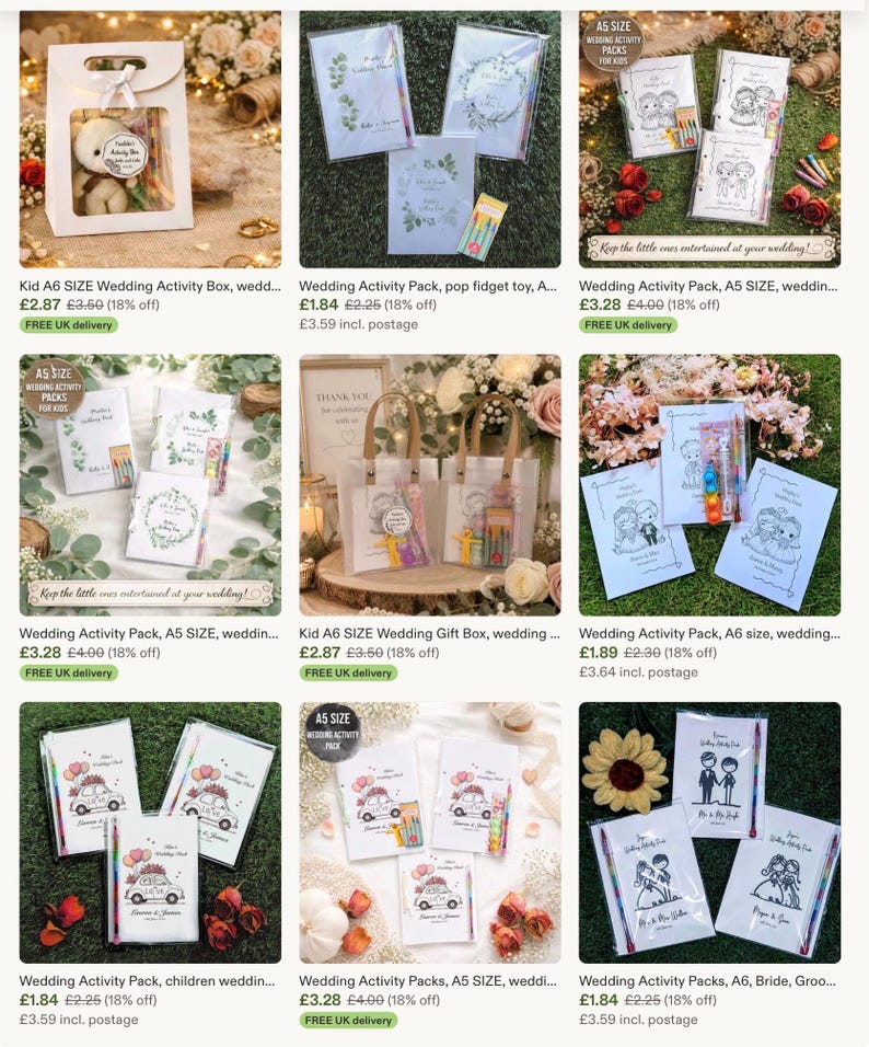 May include: Assortment of wedding activity packs and gift boxes. The packs include coloring pages, pencils, and small toys. Some packs feature illustrations of couples and wedding cars. The text "Keep the little ones entertained at your wedding!" is visible.