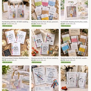 May include: Assortment of wedding activity packs and gift boxes. Includes clear tote bags with handles, activity books, and boxes with illustrations of couples and wedding themes. Some items have text like "Wedding Activity Bag" and "Wedding Activity Packs".