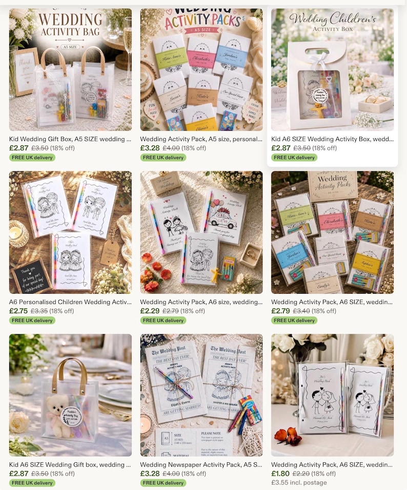 May include: Assortment of wedding activity packs and gift boxes. Includes clear tote bags with handles, activity books, and boxes with illustrations of couples and wedding themes. Some items have text like "Wedding Activity Bag" and "Wedding Activity Packs".