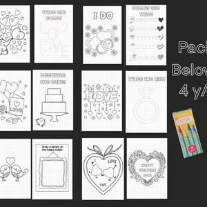 May include: A set of coloring pages with various designs, including hearts, wedding rings, and a cake, with the text "Trace and Colour", "I DO", and "Happy Wedding Day!". Includes a pack of 4 crayons. Suitable for children below 4 years old.