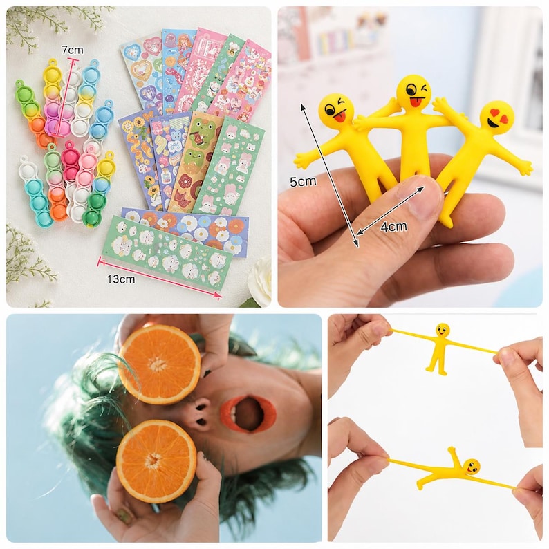 May include: A collection of colorful fidget toys, stickers, and yellow stretchy figures. The fidget toys are 7 cm long. The stickers are 13 cm long. The stretchy figures are 5 cm tall and 4 cm wide. The image is a collection of fun toys.