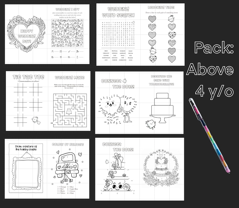 May include: Black and white activity book pages with wedding-themed games and puzzles, including a word search, maze, and connect-the-dots. The cover features a heart-shaped design with the text "Happy Wedding Day!" and "Pack: Above 4 y/o".