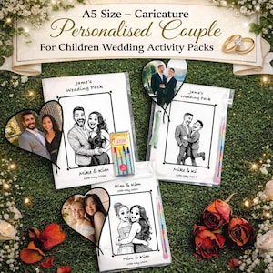 May include: A5-sized personalised wedding activity packs for children. Each pack contains a caricature of the couple, crayons, and the wedding date. The packs are labelled "Personalised Couple" and "For Children Wedding Activity Packs".