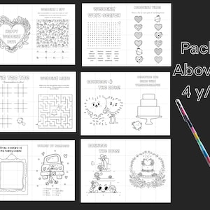 May include: A black and white activity book for children with wedding-themed games, including a word search, maze, and connect-the-dots. The cover features a heart-shaped floral design with the text "Happy Wedding Day!" and "Pack: Above 4 y/o".