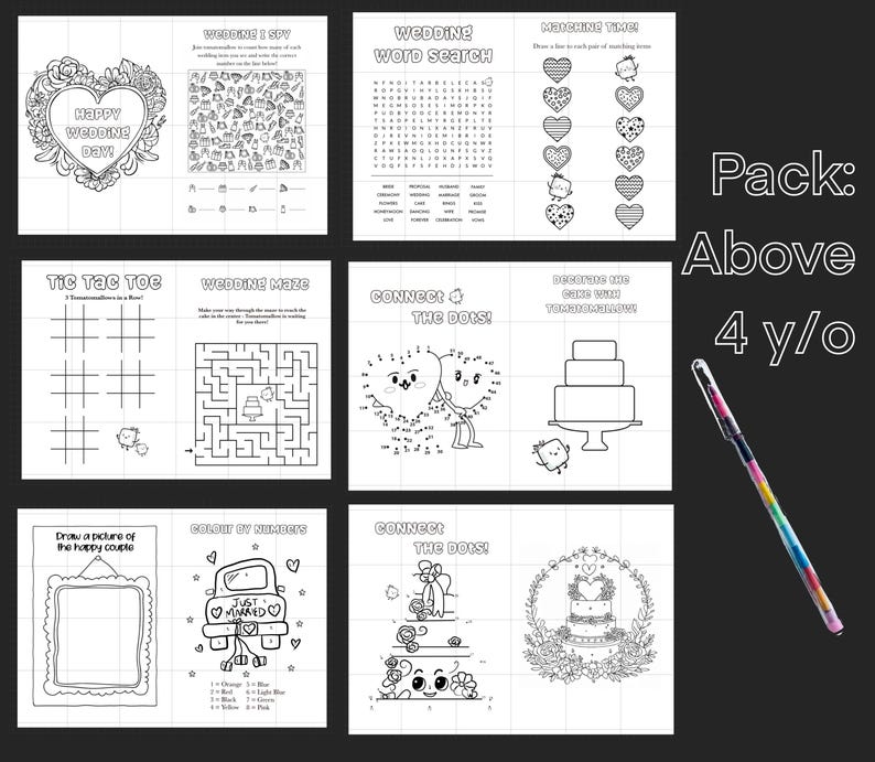 May include: A black and white activity book for children with wedding-themed games, including a word search, maze, and connect-the-dots. The cover features a heart-shaped floral design with the text "Happy Wedding Day!" and "Pack: Above 4 y/o".