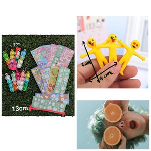 May include: An assortment of colorful items, including bubble pop toys (7cm), decorative stickers (13cm), and yellow smiley face figurines (5cm x 4cm). The stickers feature various patterns and designs. The image also includes a person holding orange slices.