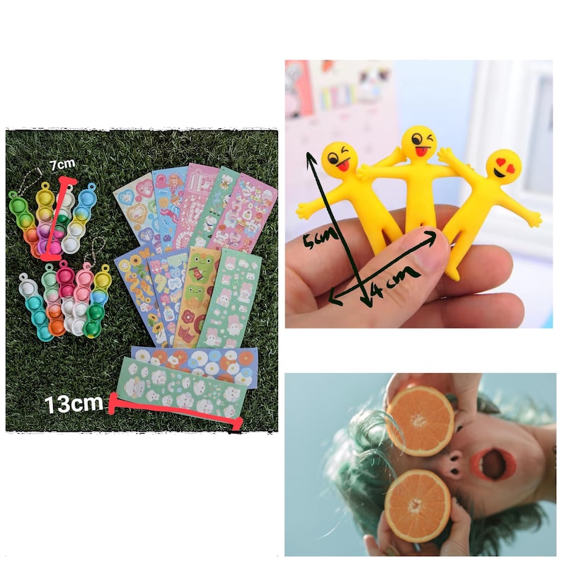May include: An assortment of colorful items, including bubble pop toys (7cm), decorative stickers (13cm), and yellow smiley face figurines (5cm x 4cm). The stickers feature various patterns and designs. The image also includes a person holding orange slices.