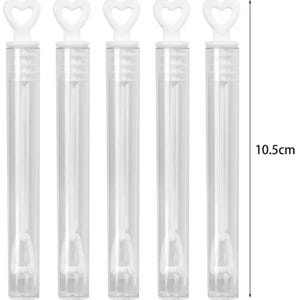 May include: Five clear plastic bubble wands with white heart-shaped handles. Each wand is 10.5 cm long and 1 cm wide. The wands are designed for blowing bubbles and are suitable for parties or events.