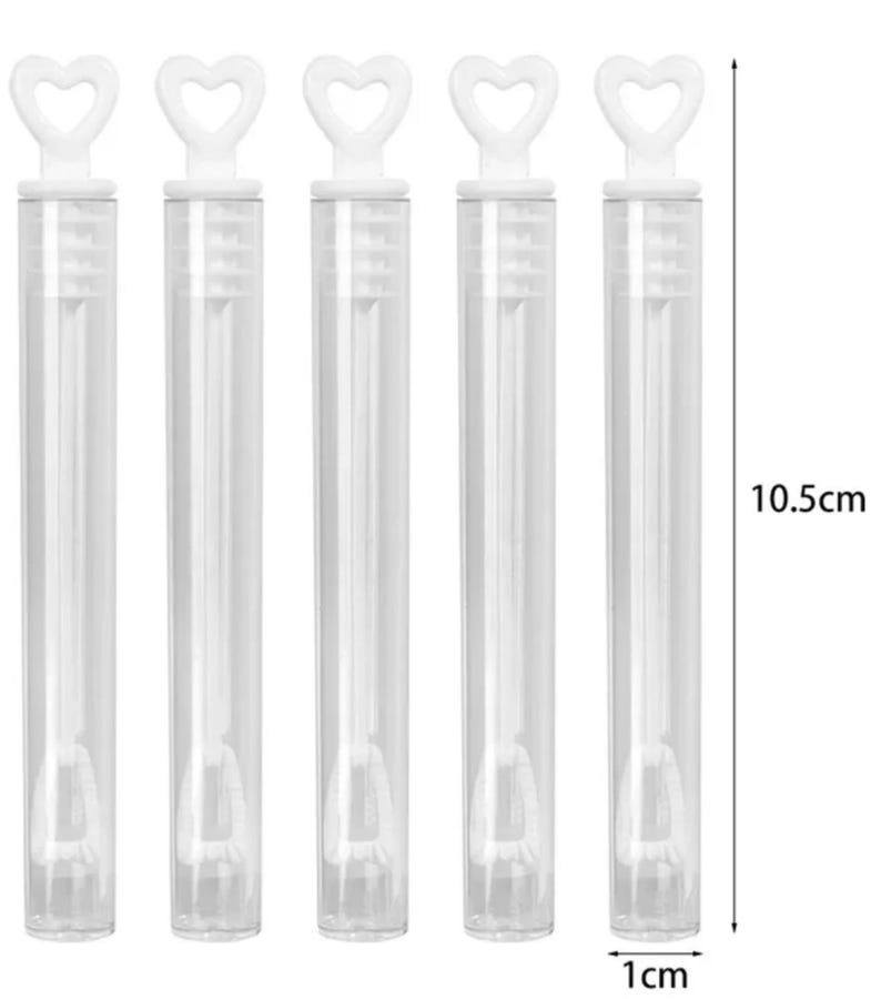 May include: Five clear plastic bubble wands with white heart-shaped handles. Each wand is 10.5 cm long and 1 cm wide. The wands are designed for blowing bubbles and are suitable for parties or events.
